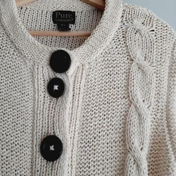 PURE HANDKNIT Chunky Knit Cardigan Sweater Cable Ivory Sz M /L - Picture 4 of 10